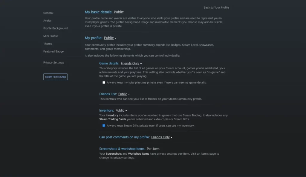 Steam profile privacy settings