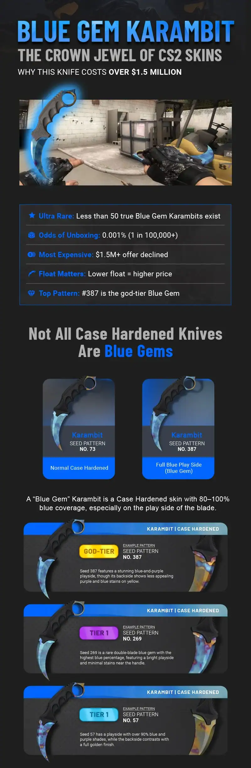 Blue Gem Karambit - Infographics_1 Tradeit.gg Blog | CS2, CS:GO, Rust, TF2 & Dota 2 Blue gem karmabit cs2 skin - infographics