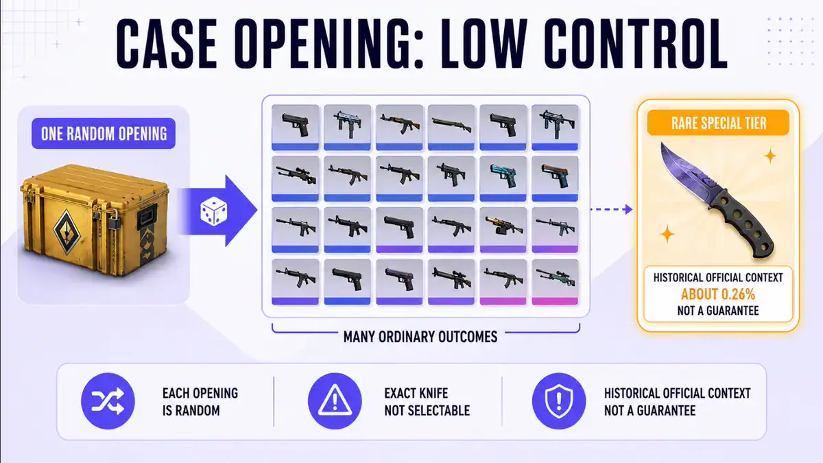 CS2 case opening path showing a large ordinary-item pool and a very small rare special item chance