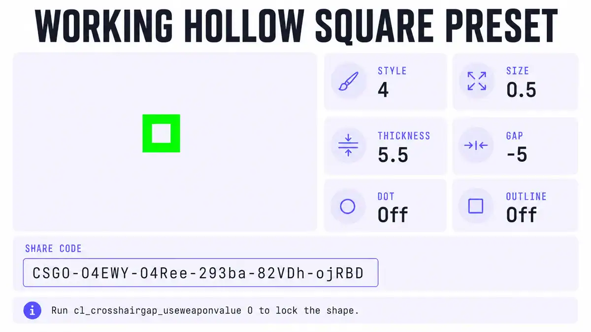 CS2 square crosshair shown with its Share or Import code