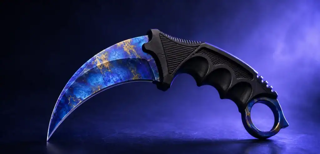 Blue Gem Karambit with a cobalt and gold Case Hardened blade