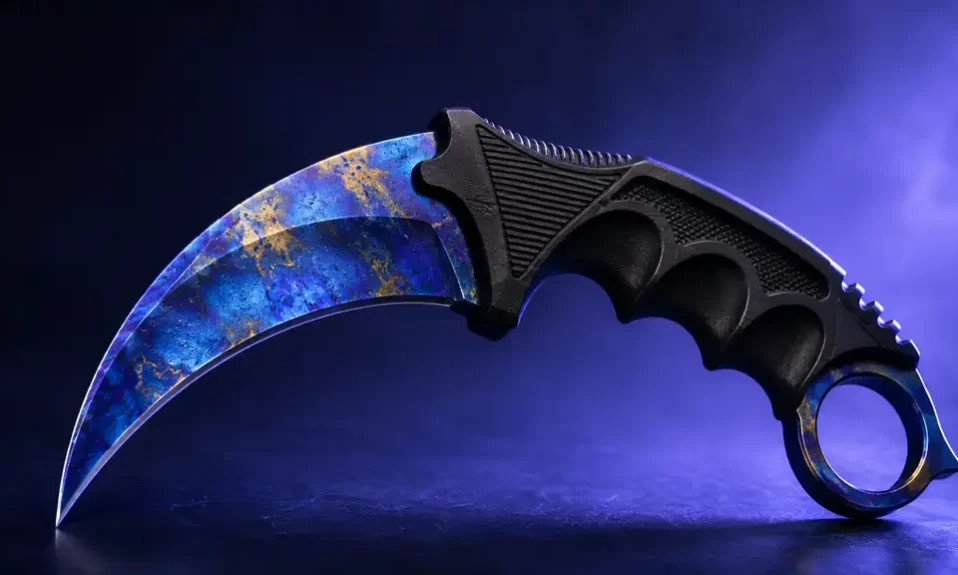 Blue Gem Karambit with a cobalt and gold Case Hardened blade