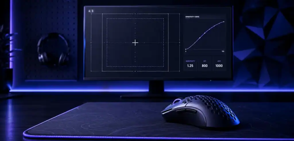 CS2 pro settings workstation with mouse, crosshair grid, sensitivity curve, and eDPI widgets