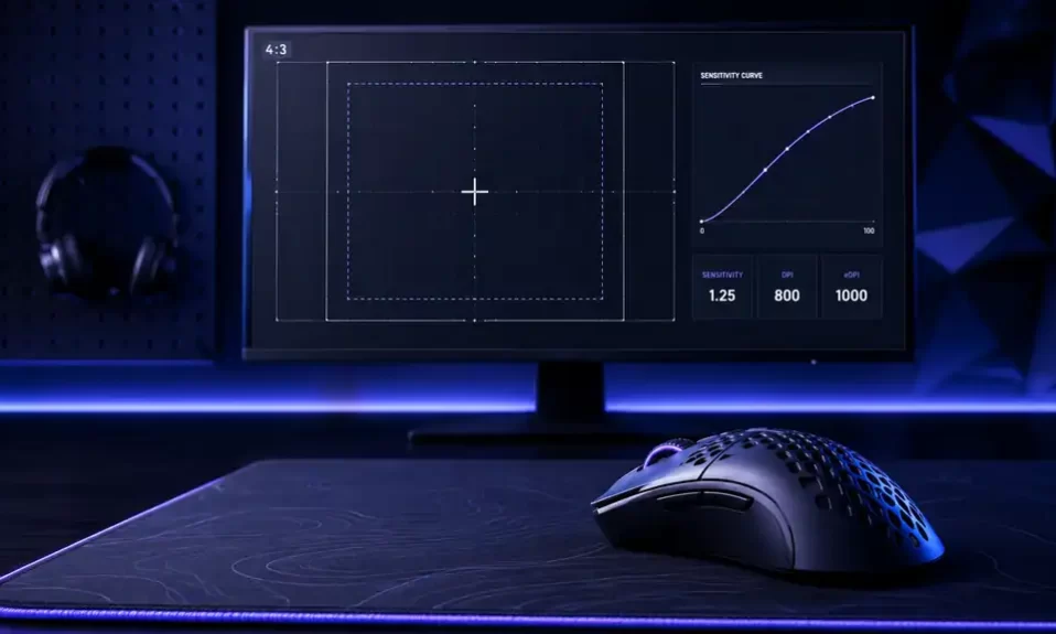 CS2 pro settings workstation with mouse, crosshair grid, sensitivity curve, and eDPI widgets
