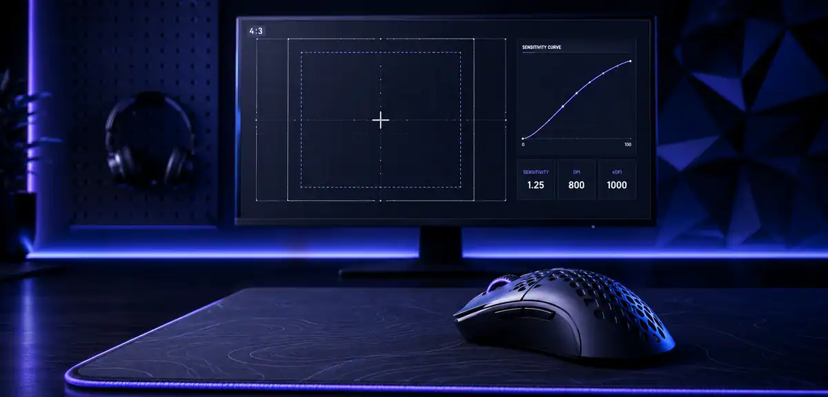 CS2 pro settings workstation with mouse, crosshair grid, sensitivity curve, and eDPI widgets