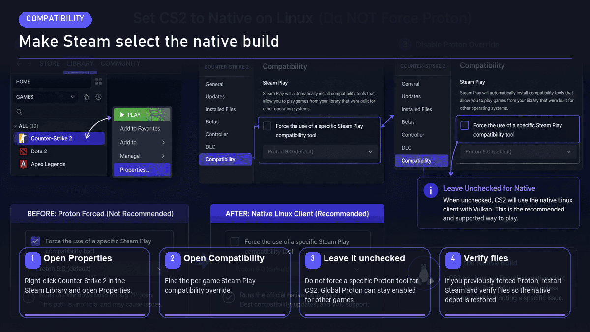 Disabling Proton compatibility for CS2 in Steam settings