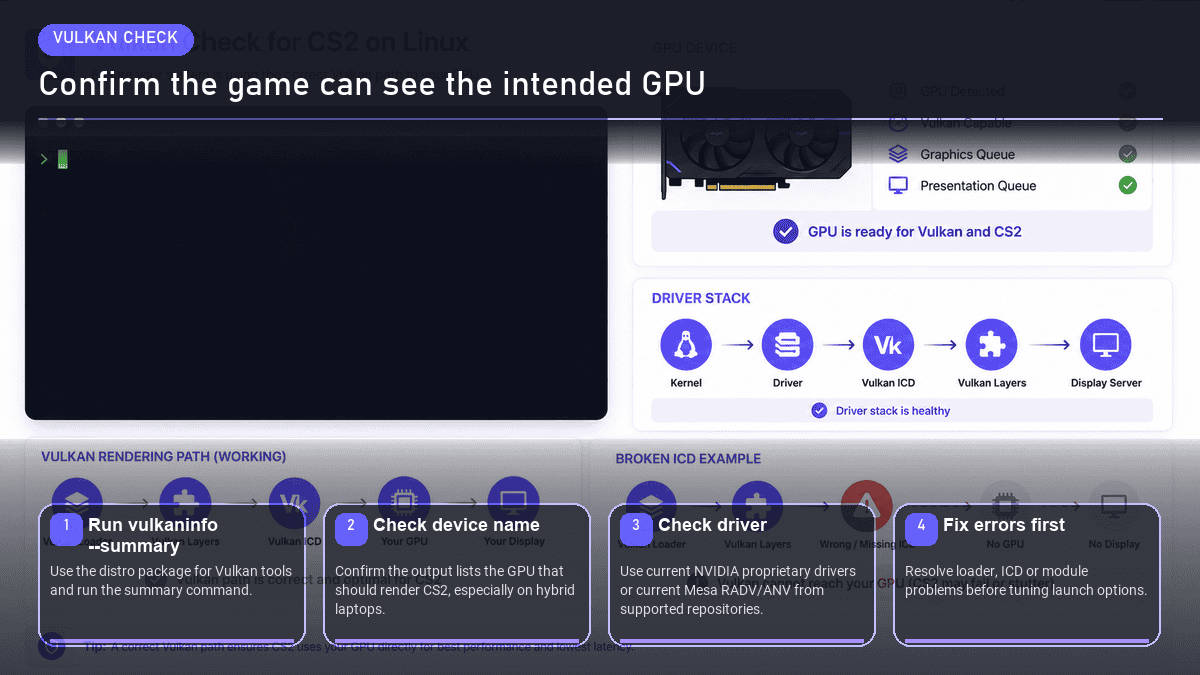 vulkaninfo output confirming Vulkan support for CS2 on Linux