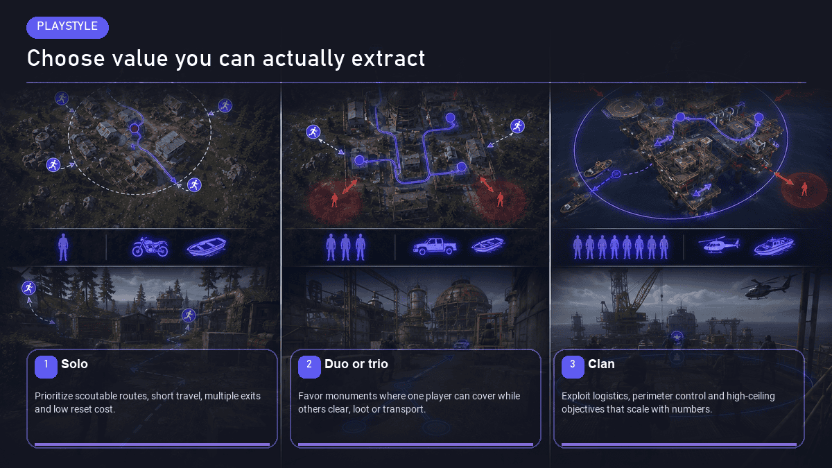 Rust monument priorities by playstyle - solo vs group vs clan