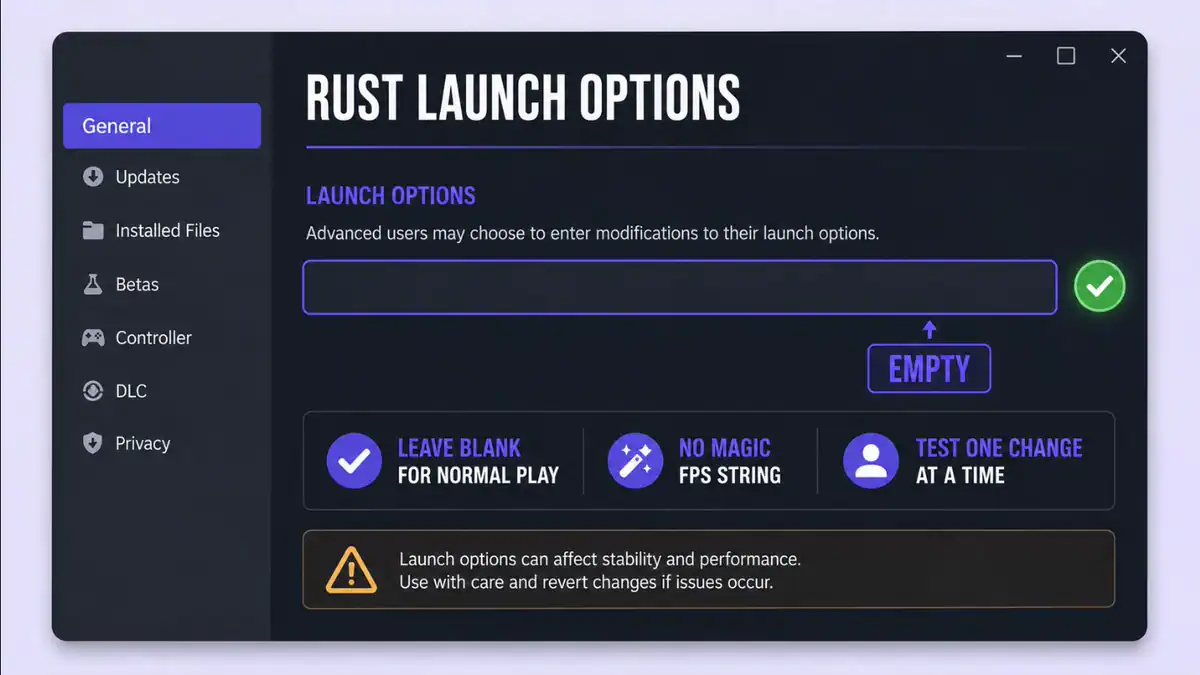 Rust Steam launch options field left blank for safe normal play