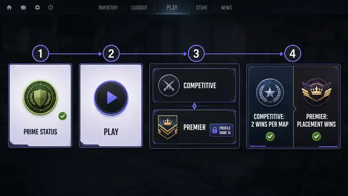 Steps to access CS2 Competitive and Premier ranked modes
