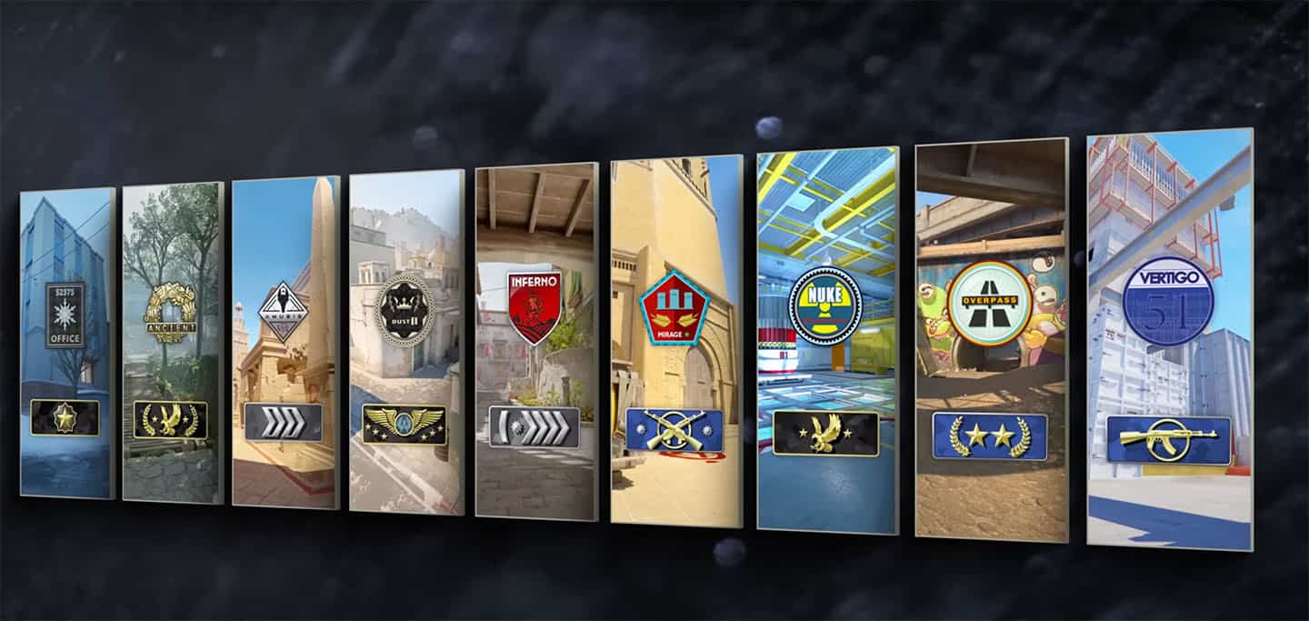 CS2 Competitive per-map ranks displayed across different maps