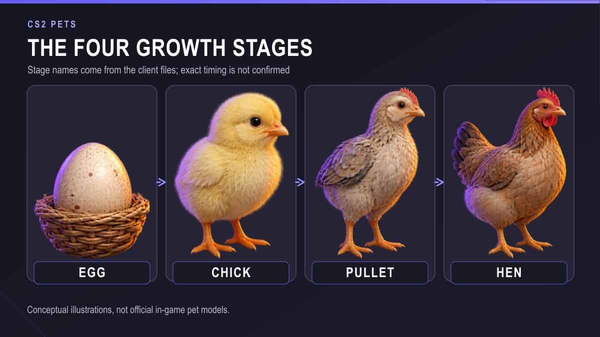 Conceptual illustrations of the Egg, Chick, Pullet and Hen growth stages described in CS2 files