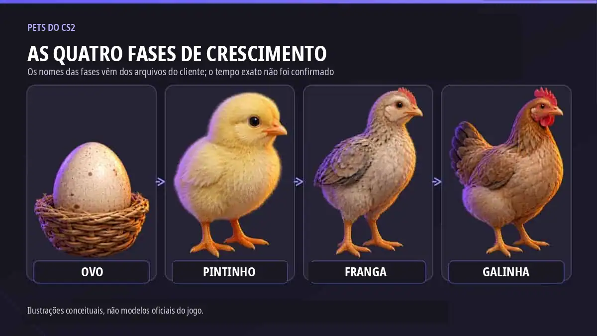 Ilustrações conceituais das fases de crescimento Ovo, Pintinho, Franga e Galinha descritas nos arquivos do CS2