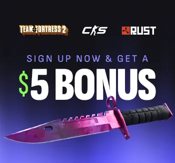 Promotional banner offering a $5 bonus for signing up, with Team Fortress 2 and Rust logos at the top and a pink combat knife on a purple gradient background.
